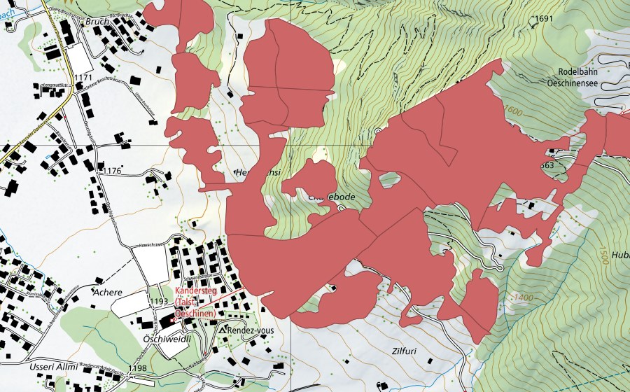 swisstopo national map showing the protected perimeter of I de Huble (Dry meadow)