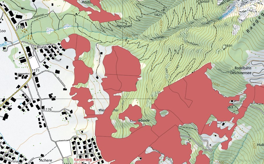 Landeskarte swisstopo mit dem Schutzperimeter von I de Huble (Trockenwiese)