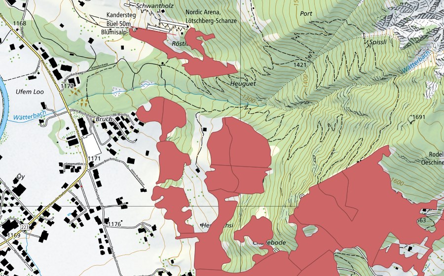 swisstopo national map showing the protected perimeter of I de Huble (Dry meadow)