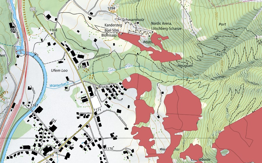 swisstopo national map showing the protected perimeter of I de Huble (Dry meadow)