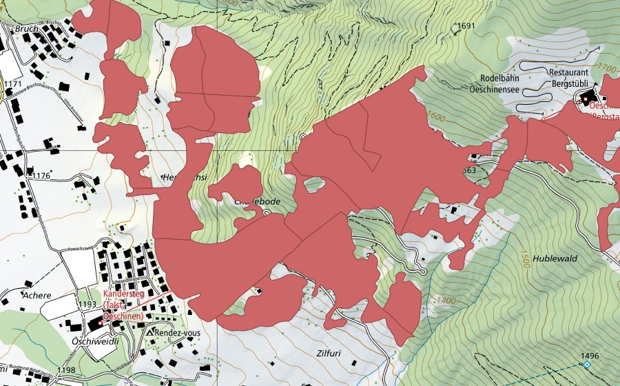 swisstopo national map showing the protected perimeter of I de Huble (Dry meadow)