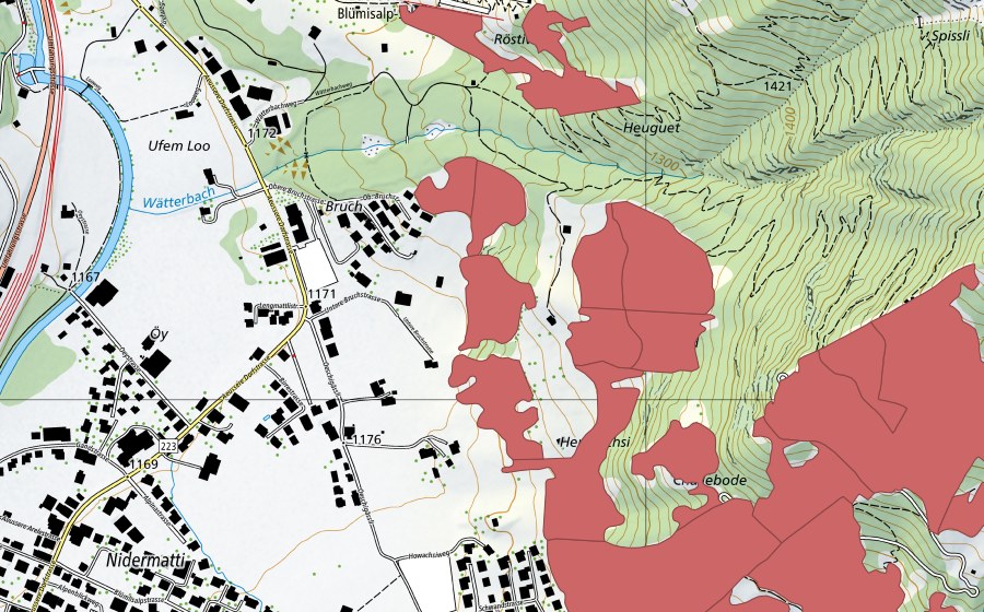 swisstopo national map showing the protected perimeter of I de Huble (Dry meadow)