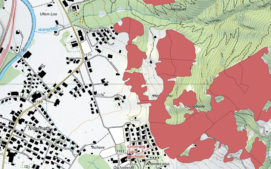 swisstopo national map showing the protected perimeter of I de Huble (Dry meadow)