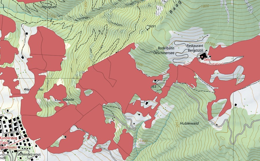 Landeskarte swisstopo mit dem Schutzperimeter von I de Huble (Trockenwiese)