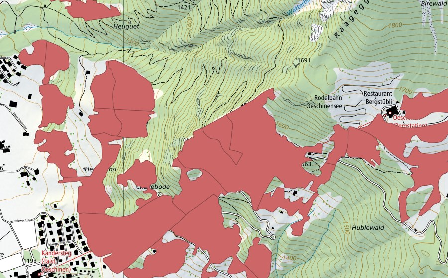 Landeskarte swisstopo mit dem Schutzperimeter von I de Huble (Trockenwiese)