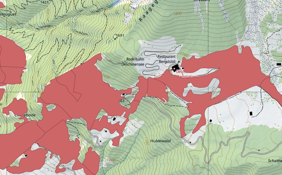 swisstopo national map showing the protected perimeter of I de Huble (Dry meadow)