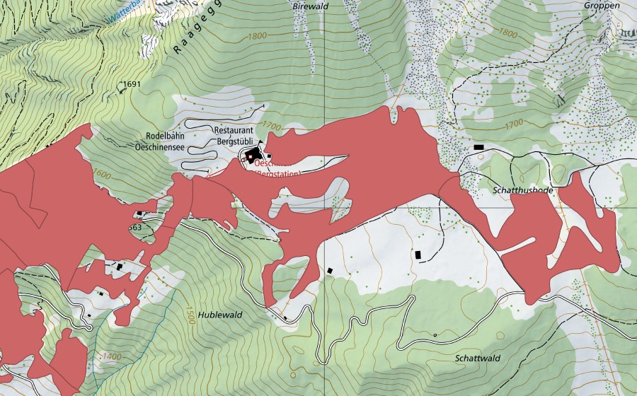 swisstopo national map showing the protected perimeter of I de Huble (Dry meadow)