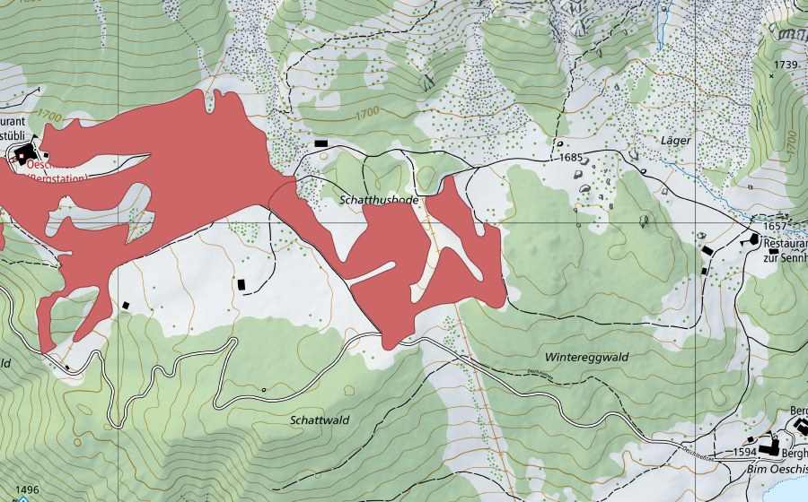 swisstopo national map showing the protected perimeter of I de Huble (Dry meadow)
