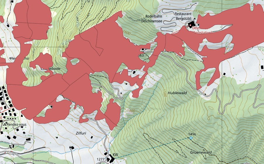 Carte nationale swisstopo avec le périmètre protégé de I de Huble (Prairie sèche)
