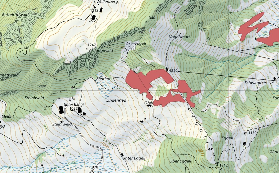 Carte nationale swisstopo avec le périmètre protégé de Ifängi (Prairie sèche)