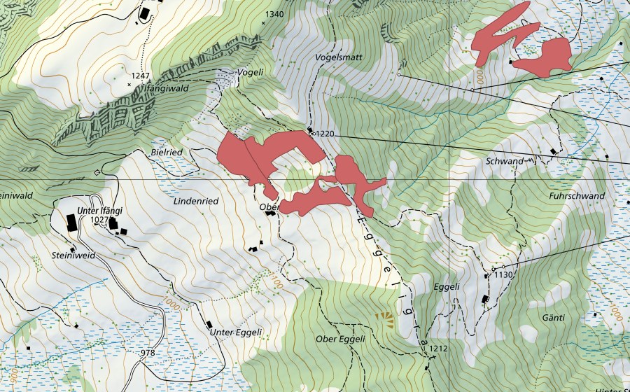 Carte nationale swisstopo avec le périmètre protégé de Ifängi (Prairie sèche)