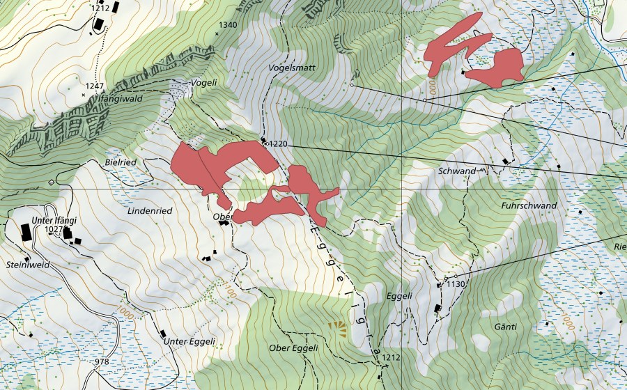 Carte nationale swisstopo avec le périmètre protégé de Ifängi (Prairie sèche)