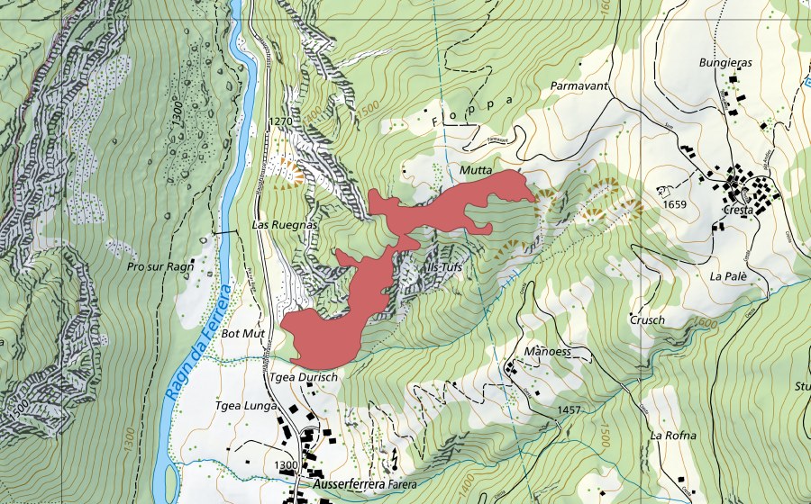 Carte nationale swisstopo avec le périmètre protégé de Igl Tufs (Prairie sèche)