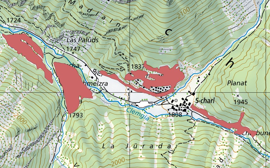 swisstopo national map showing the protected perimeter of Ils Chomps (Dry meadow)
