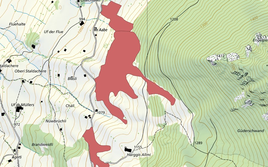 Landeskarte swisstopo mit dem Schutzperimeter von Im Aabe (Trockenwiese)