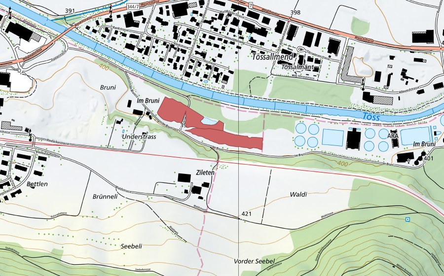 Landeskarte swisstopo mit dem Schutzperimeter von Im Bruni (Trockenwiese)