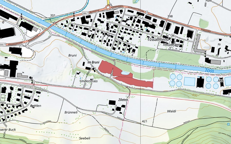swisstopo national map showing the protected perimeter of Im Bruni (Dry meadow)