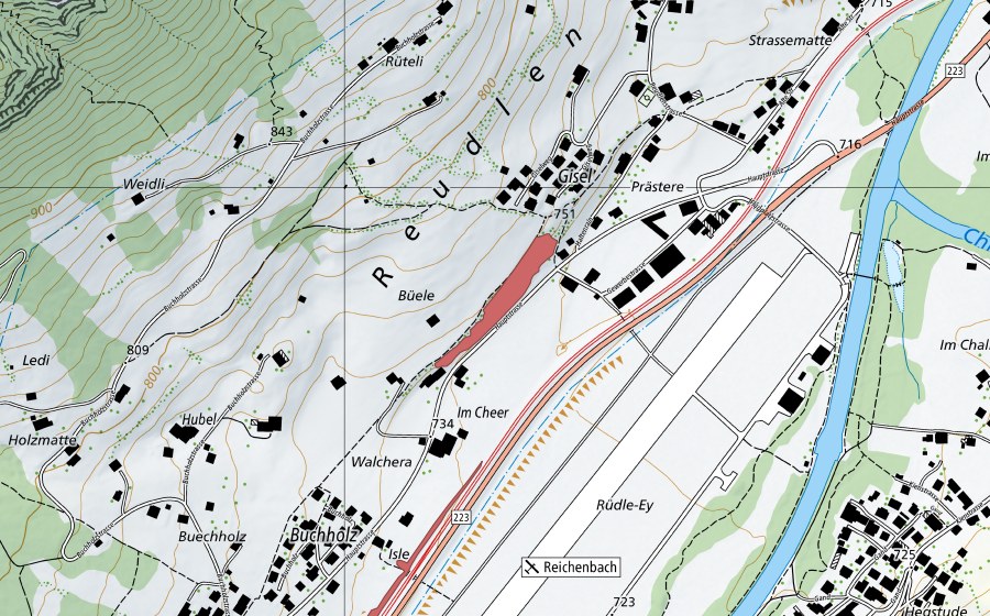 swisstopo national map showing the protected perimeter of Im Cheer (Dry meadow)