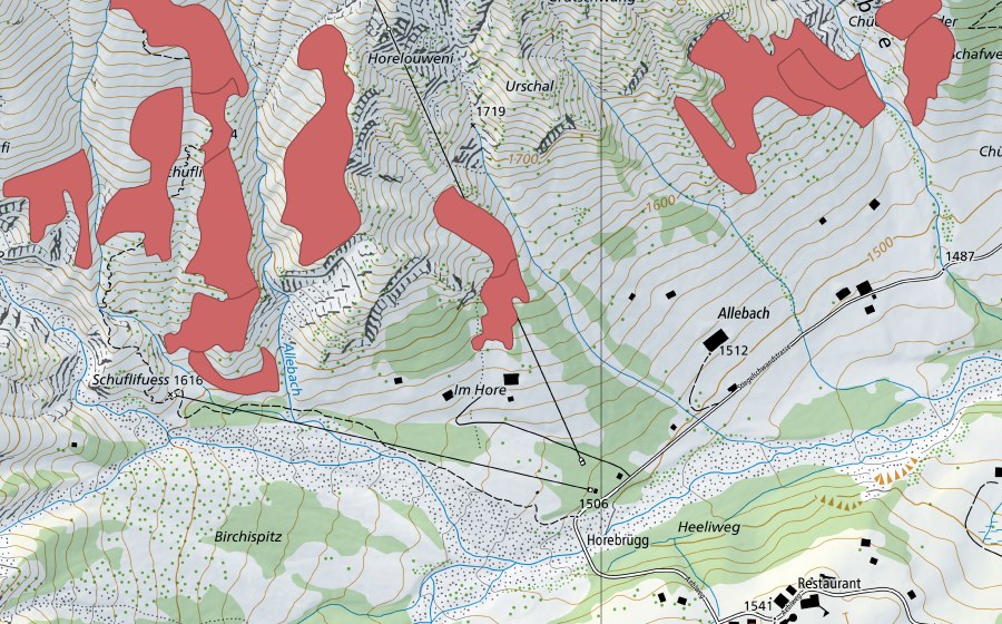 swisstopo national map showing the protected perimeter of Im Hore (Dry meadow)