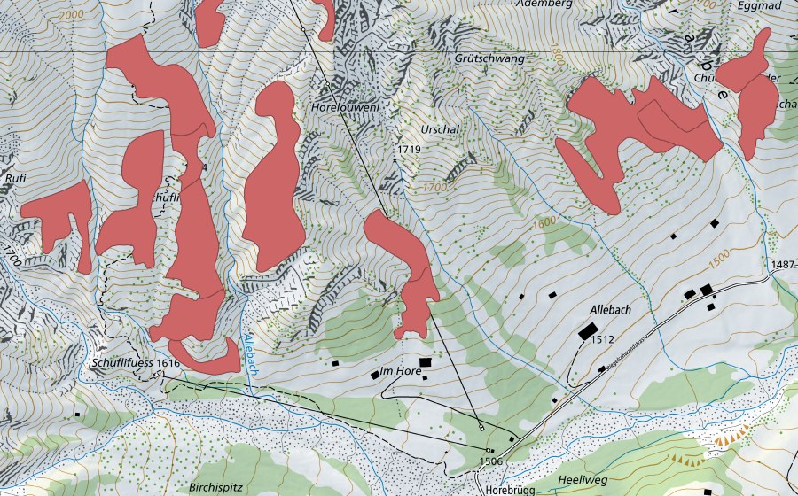 Landeskarte swisstopo mit dem Schutzperimeter von Im Hore (Trockenwiese)