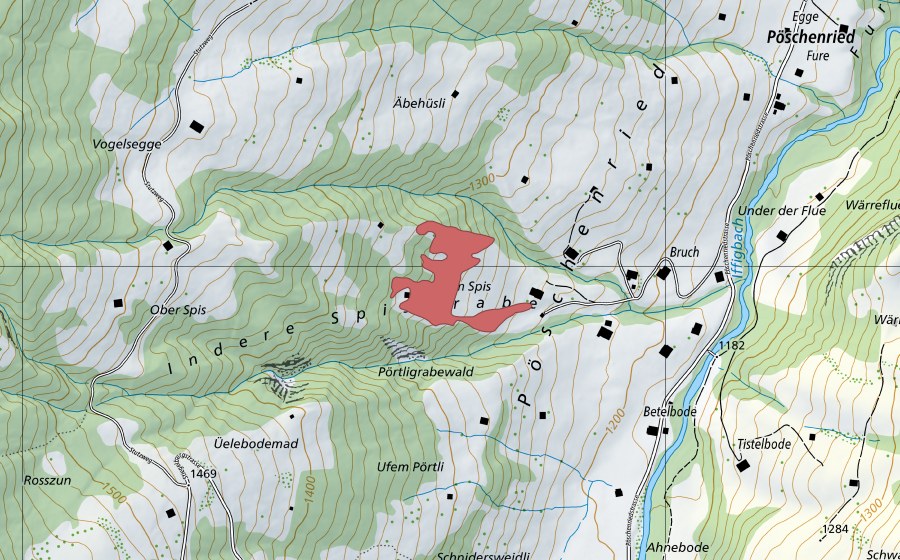 Landeskarte swisstopo mit dem Schutzperimeter von Im Spis (Trockenwiese)