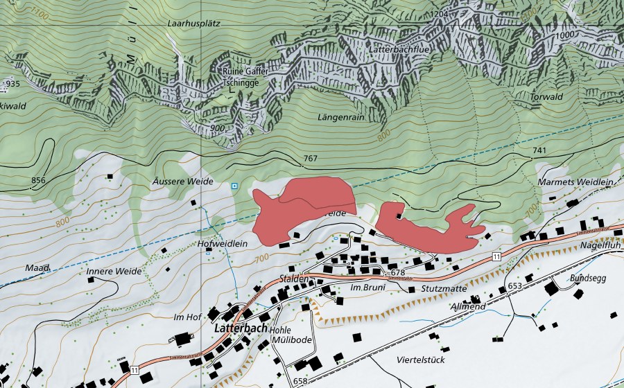 swisstopo national map showing the protected perimeter of Im Stutz (Dry meadow)