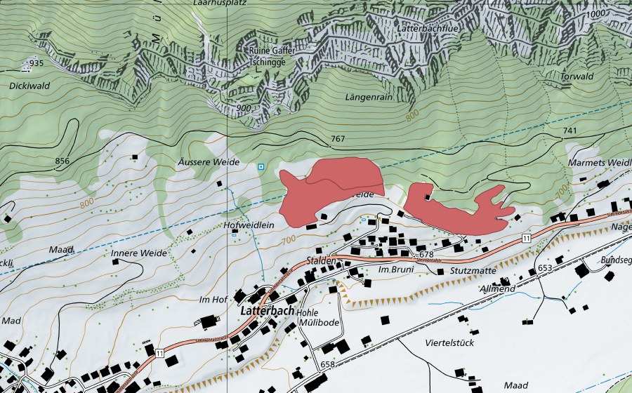 swisstopo national map showing the protected perimeter of Im Stutz (Dry meadow)