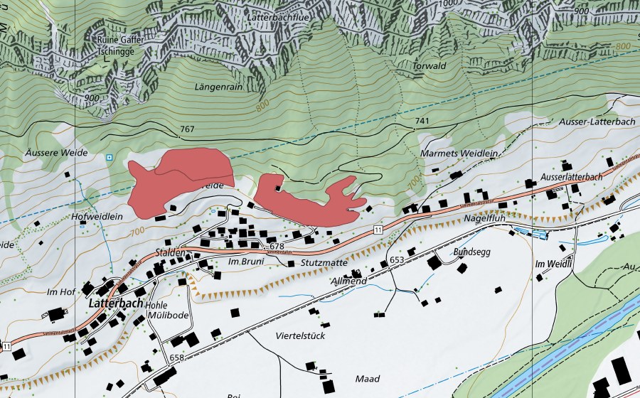 swisstopo national map showing the protected perimeter of Im Stutz (Dry meadow)