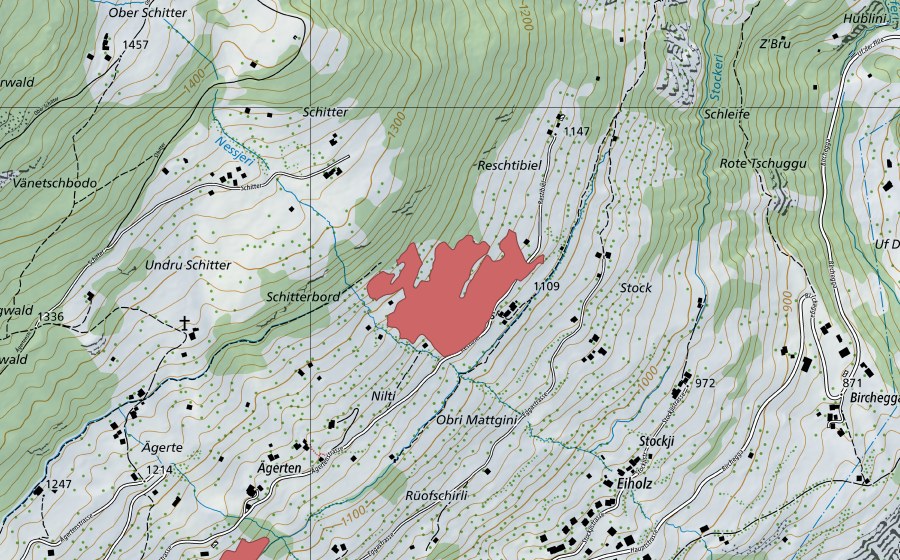 Landeskarte swisstopo mit dem Schutzperimeter von Im undere Schitter (Trockenwiese)