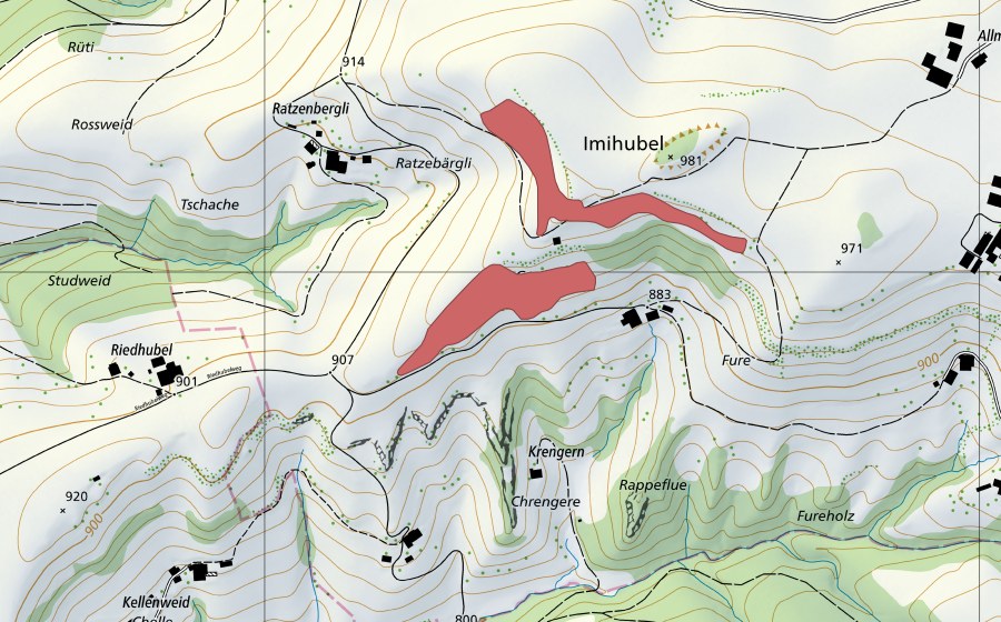 swisstopo national map showing the protected perimeter of Imihubel (Dry meadow)
