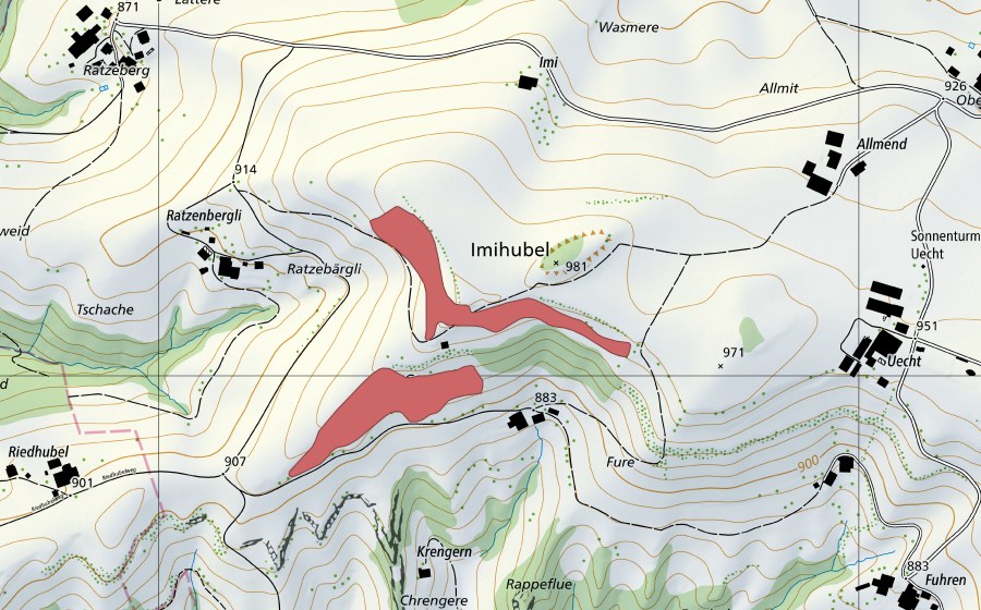 swisstopo national map showing the protected perimeter of Imihubel (Dry meadow)
