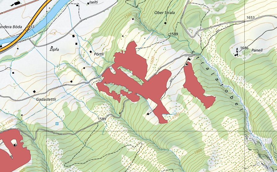 Carte nationale swisstopo avec le périmètre protégé de In da Walda (Prairie sèche)