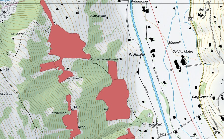 Carte nationale swisstopo avec le périmètre protégé de In de Brüche (Prairie sèche)