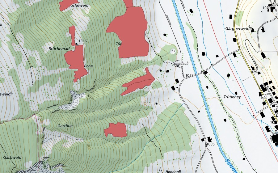 Carte nationale swisstopo avec le périmètre protégé de In de Brüche (Prairie sèche)