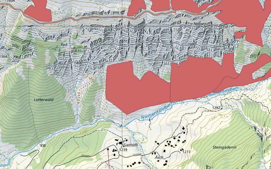 Carte nationale swisstopo avec le périmètre protégé de In den Arven (Prairie sèche)