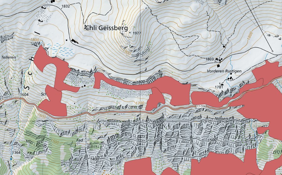 Carte nationale swisstopo avec le périmètre protégé de In den Arven (Prairie sèche)