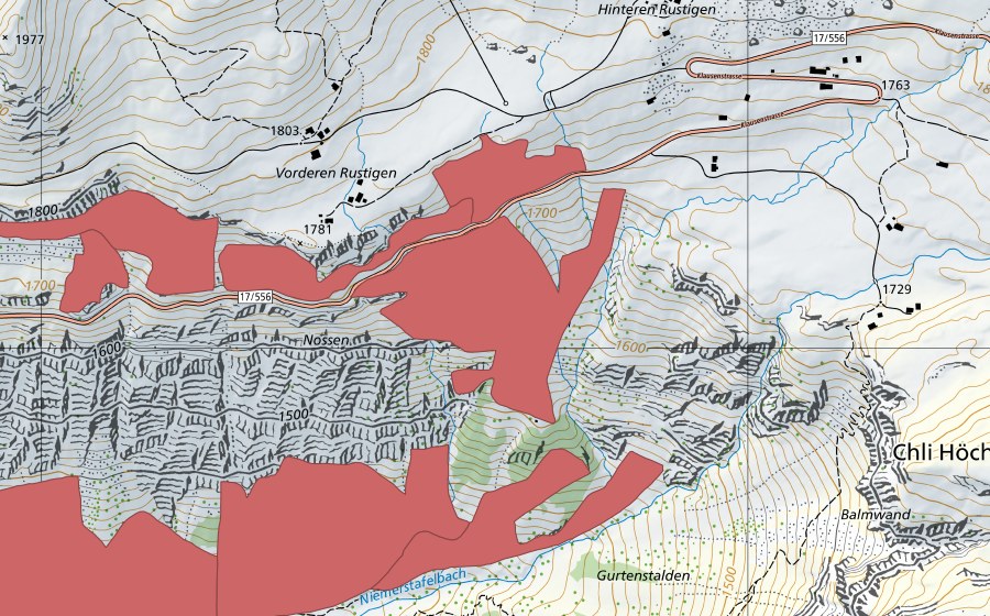 Carte nationale swisstopo avec le périmètre protégé de In den Arven (Prairie sèche)