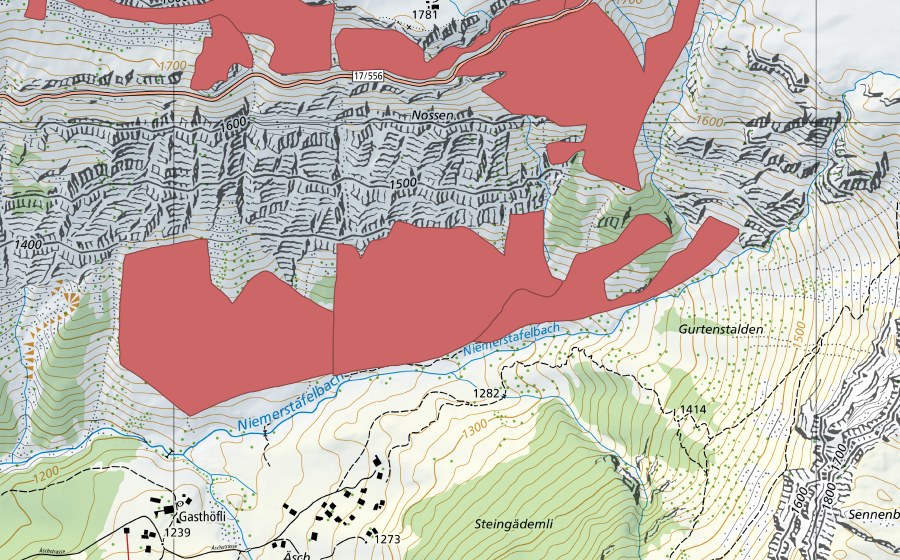 Carte nationale swisstopo avec le périmètre protégé de In den Arven (Prairie sèche)