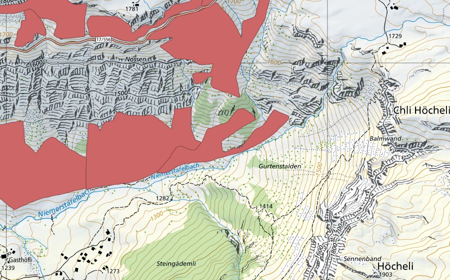 swisstopo national map showing the protected perimeter of In den Arven (Dry meadow)