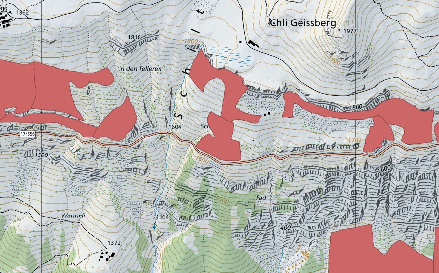 swisstopo national map showing the protected perimeter of In den Arven (Dry meadow)