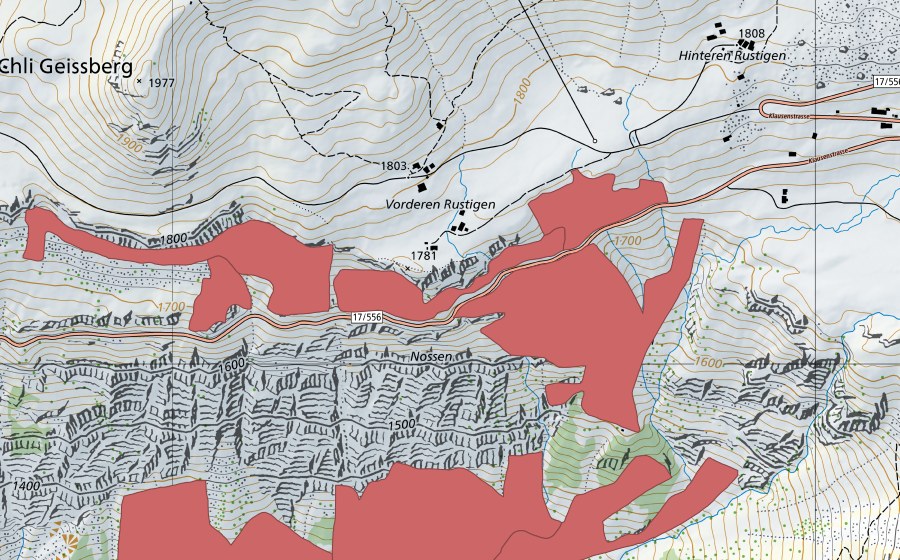 swisstopo national map showing the protected perimeter of In den Arven (Dry meadow)