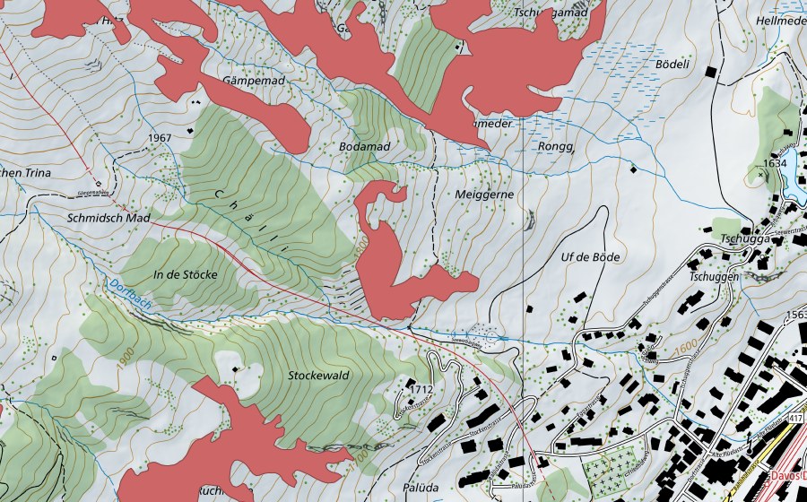 Carte nationale swisstopo avec le périmètre protégé de In den Stöcken (Prairie sèche)