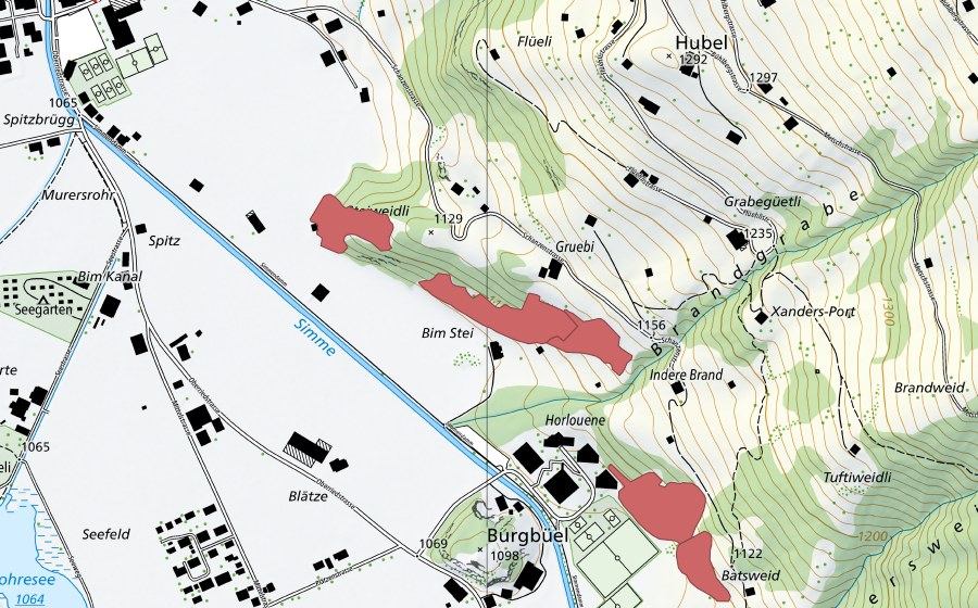 Carte nationale swisstopo avec le périmètre protégé de Indere Brand (Prairie sèche)