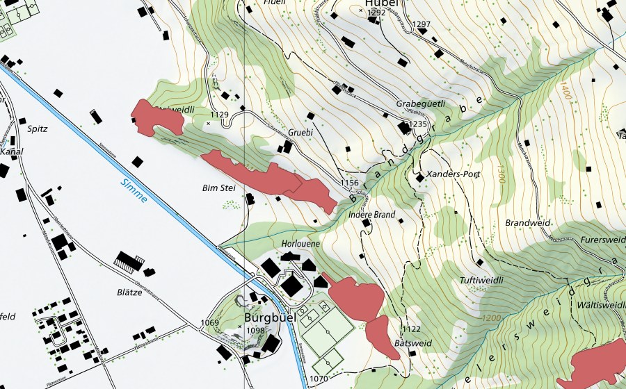 swisstopo national map showing the protected perimeter of Indere Brand (Dry meadow)