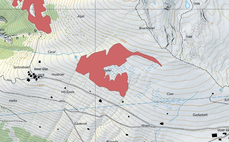 Carte nationale swisstopo avec le périmètre protégé de Inner Glas (Prairie sèche)
