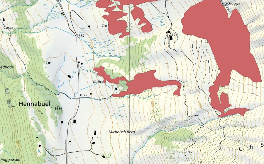 Landeskarte swisstopo mit dem Schutzperimeter von Innerberg (Trockenwiese)