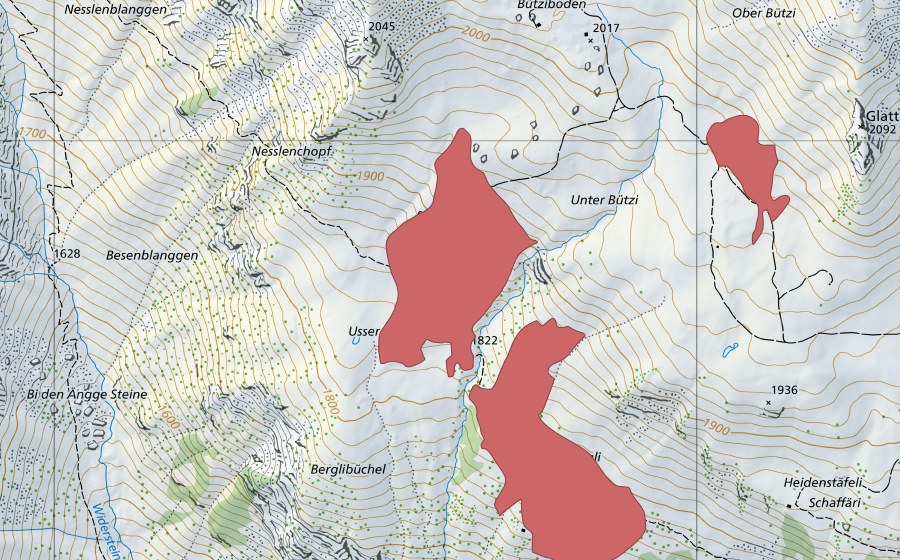 Carte nationale swisstopo avec le périmètre protégé de Innerbergli (Prairie sèche)