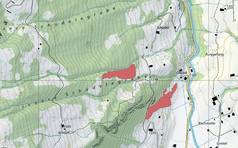 Carte nationale swisstopo avec le périmètre protégé de Innere Schüdelegrabe (Prairie sèche)