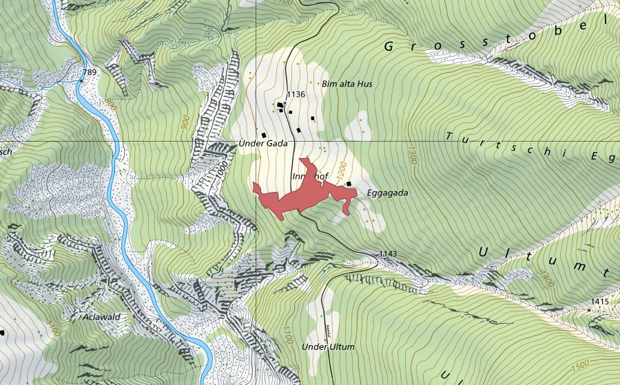 Carte nationale swisstopo avec le périmètre protégé de Innerhof (Prairie sèche)