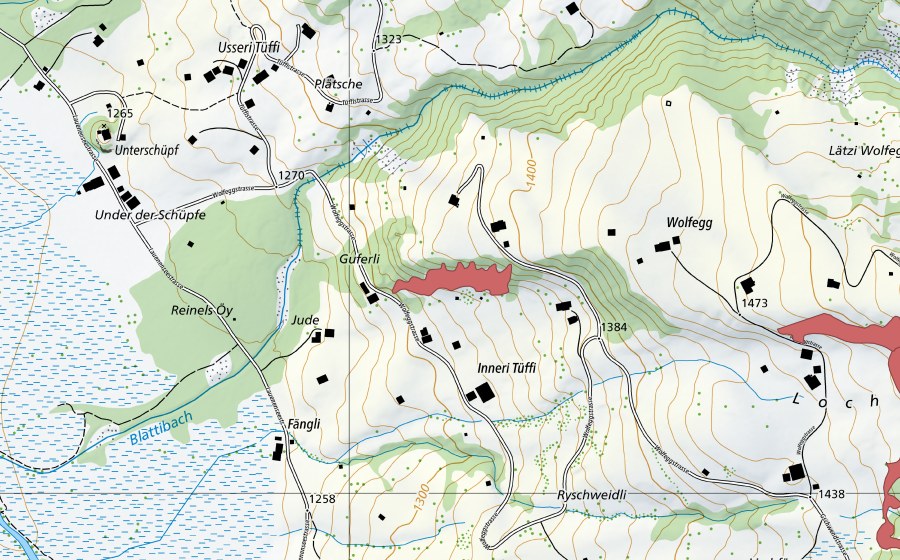 Carte nationale swisstopo avec le périmètre protégé de Inneri Tüüffi (Prairie sèche)